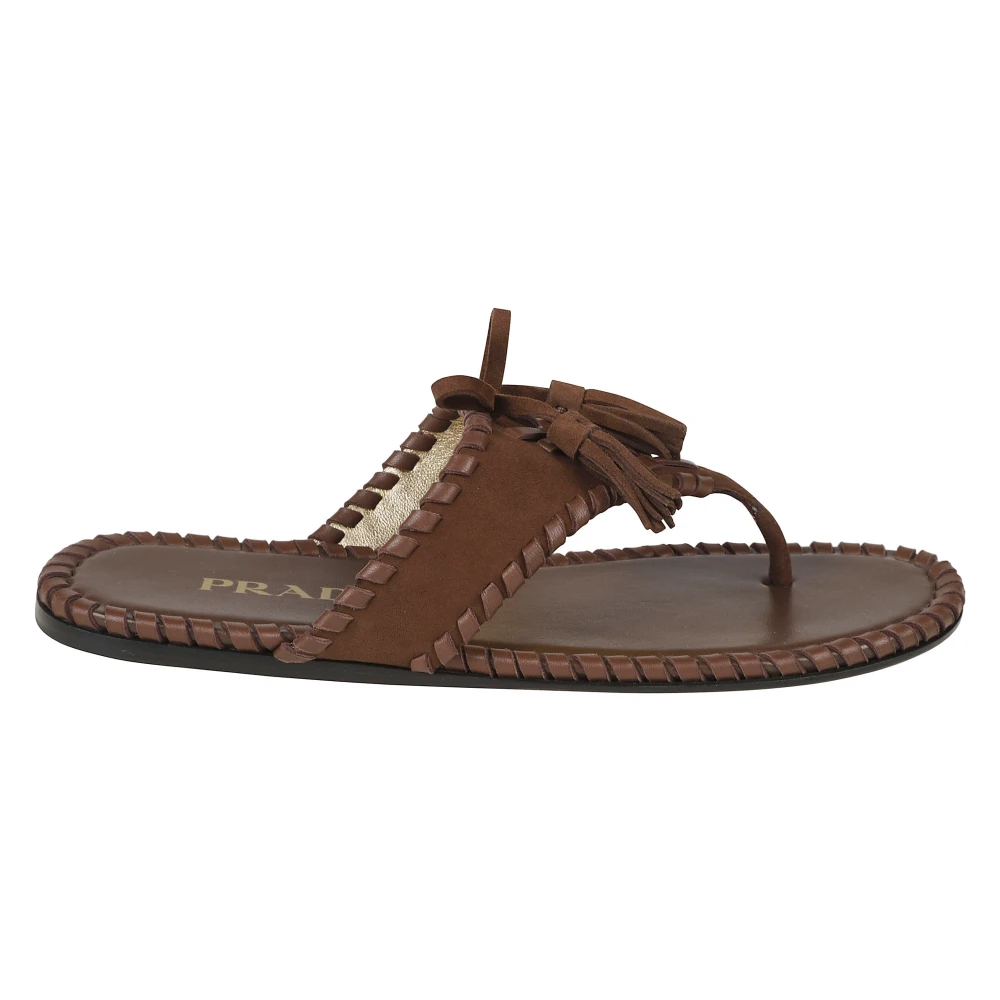 Prada Women's Brown Flip Flops, 4 Uk, Thong Sandals With Tassels