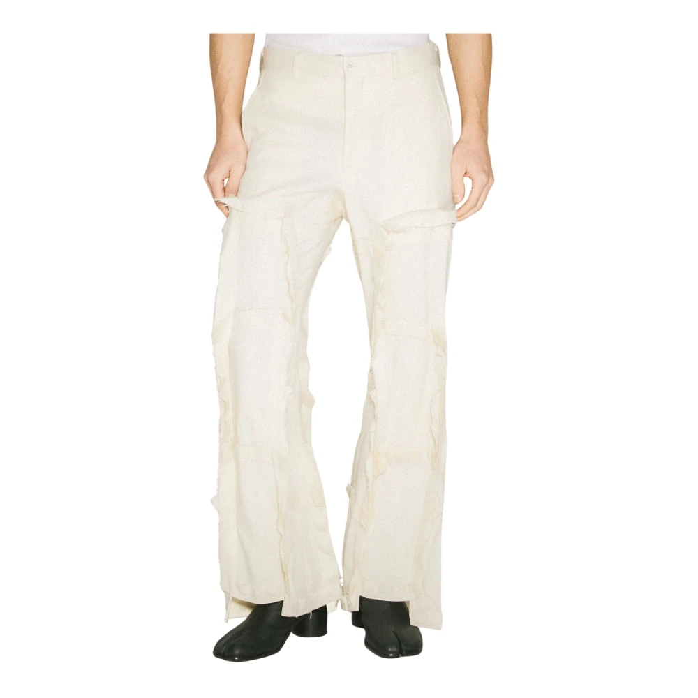 Comme Des Garçons Men's Beige Wide Trousers, L, Frayed Panel Wool Trousers