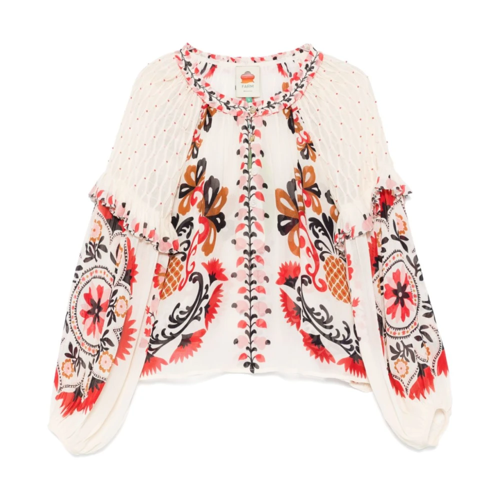 Farm Rio Gerimpeld Beige Shirt met Knoopdetail Multicolor Dames