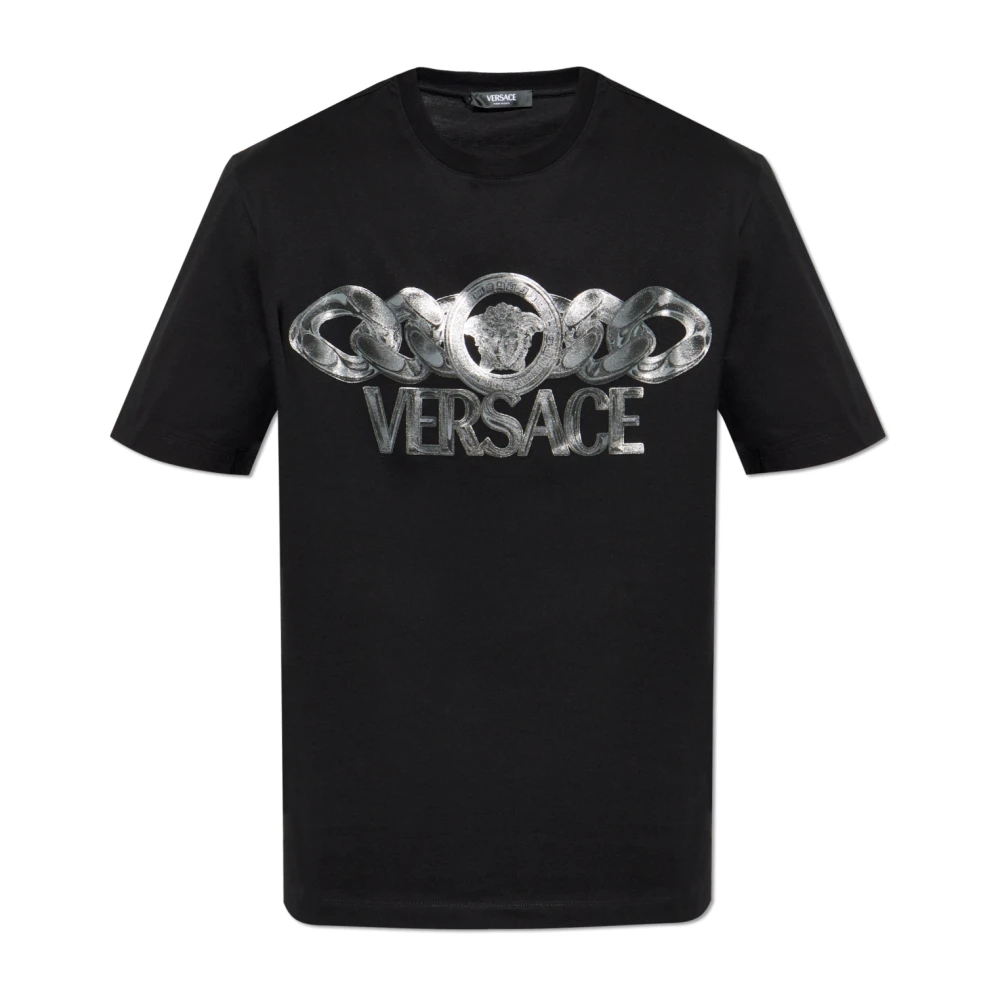 Versace Zwarte Medusa Head Ketting-Link Print Tee Black Heren