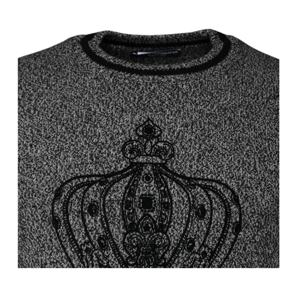 Dolce & Gabbana Kasjmier Crew Neck Zwarte Print Sweater Gray Heren
