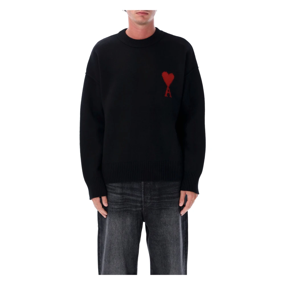 Ami Paris Women's Black Round-Neck Knitwear, Xs, Ami De Coeur Jumper