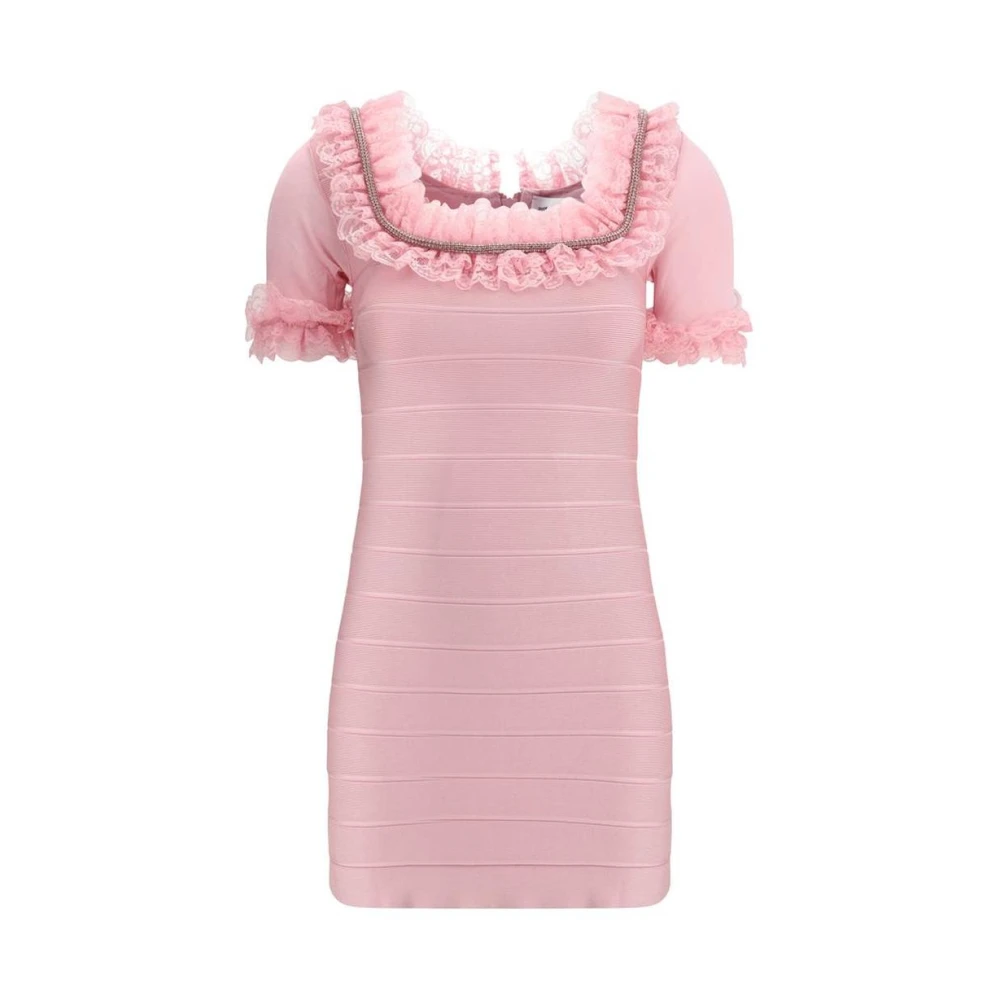 Self Portrait Ruffle Knit Mini Jurk met Kantafwerking Pink Dames