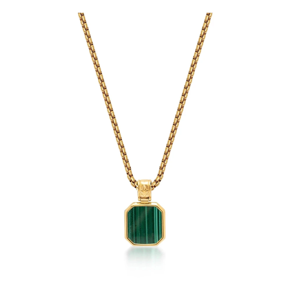 Nialaya Men's Gold Necklace With Square Malachite Pendant