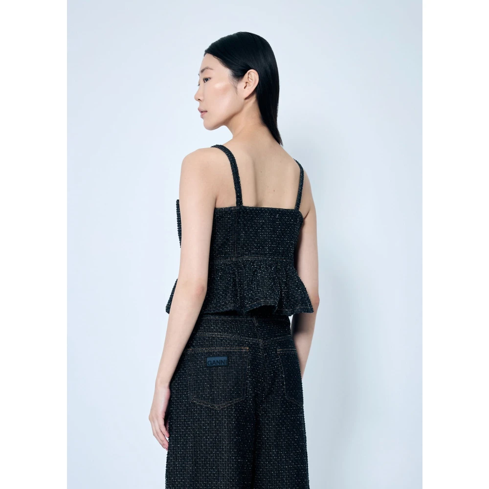 Ganni Fluffy Denim Peplum Strap Top Black Dames