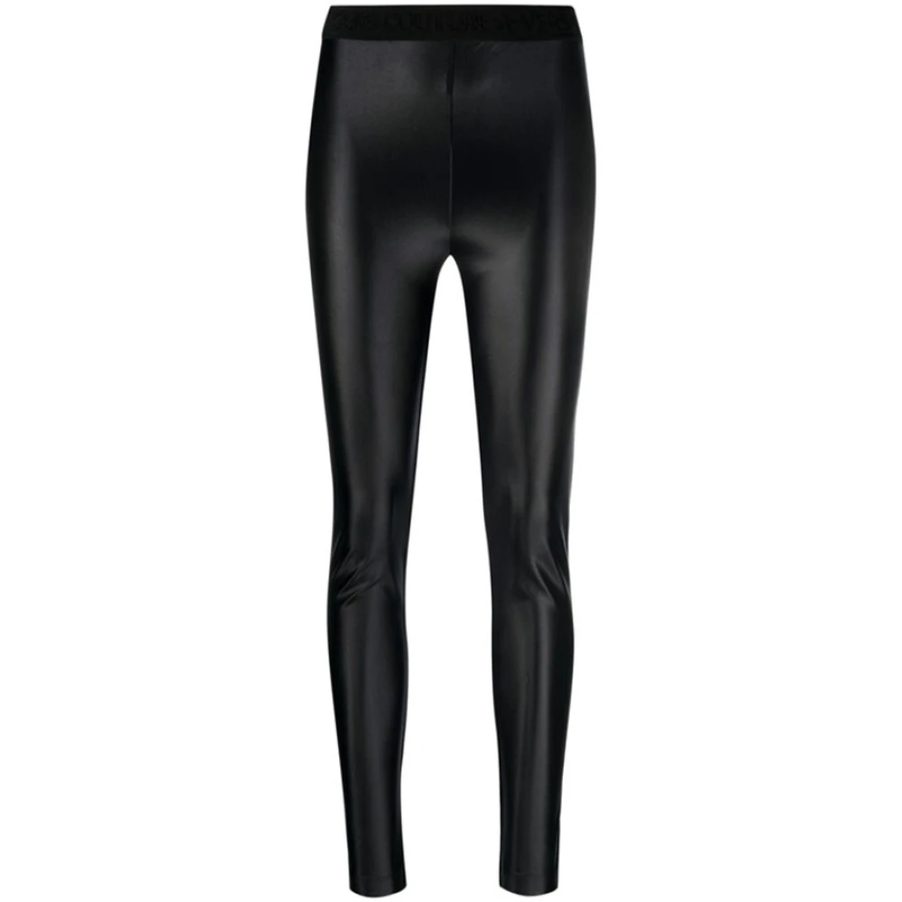 Versace Jeans Couture Glanzende Leggings met Logo-Tailleband Black Dames