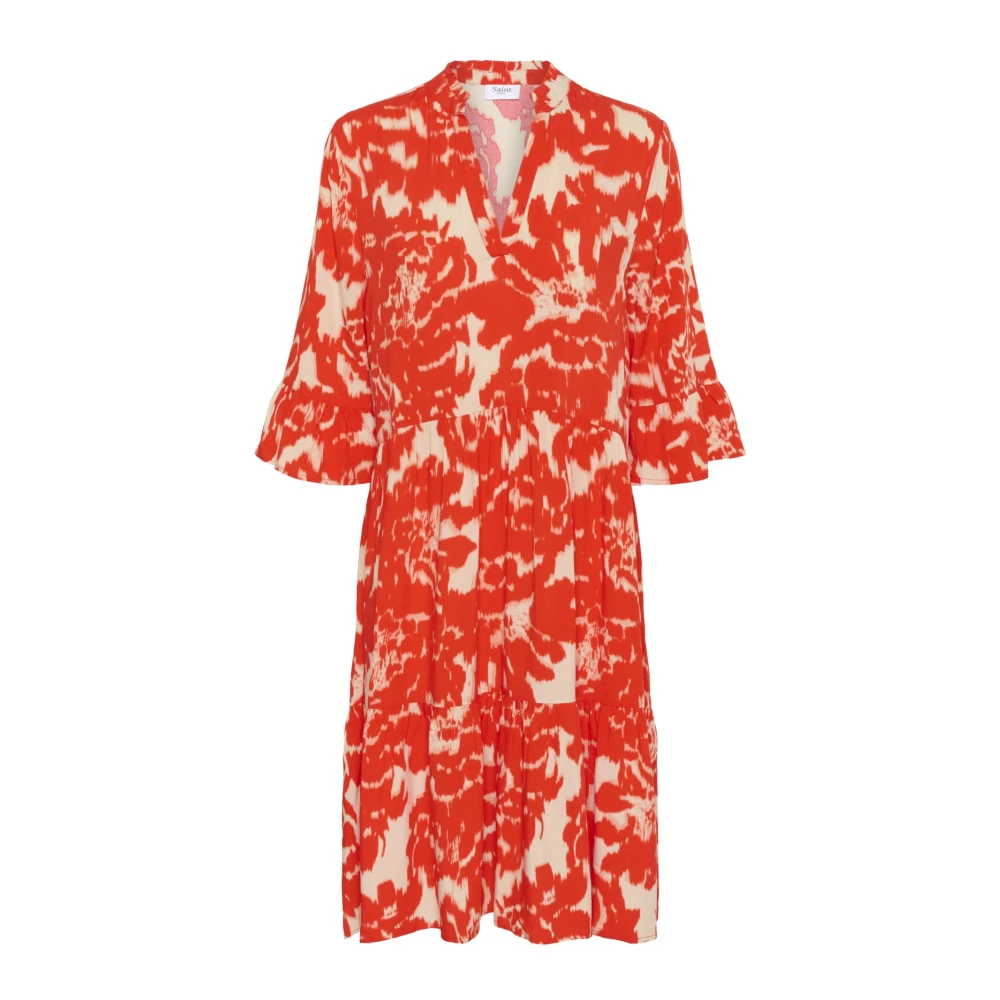 Saint Tropez Women's Red Water Blooms Dress With Flounce Details - Short Dresses - S - Dresses