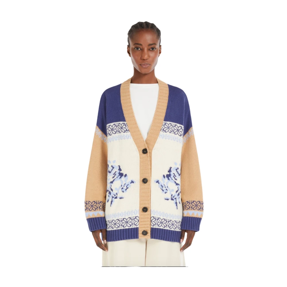 Max Mara Jacquard V-Neck Cardigan Henry Blauw Beige Multicolor Dames