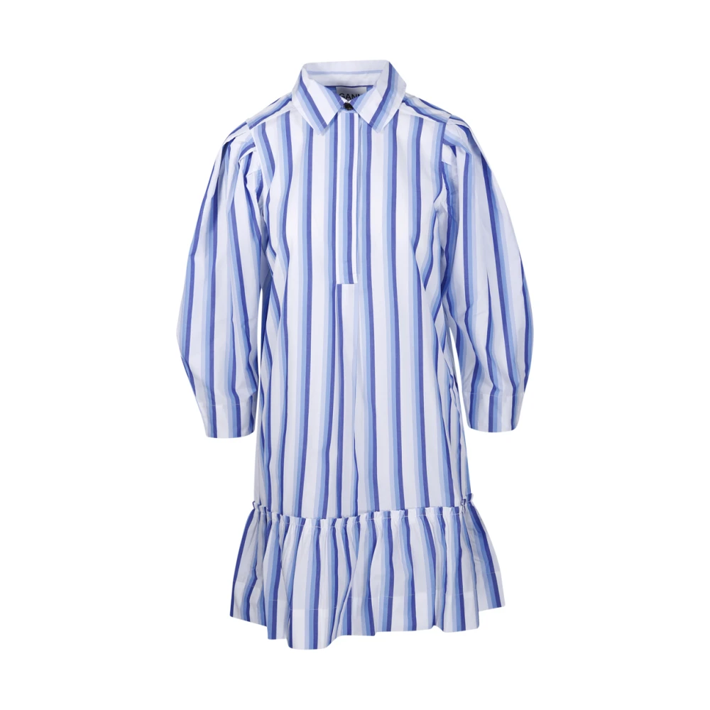 Ganni Blauwe Gestreepte Katoenen Mini Overhemdjurk Blue Dames
