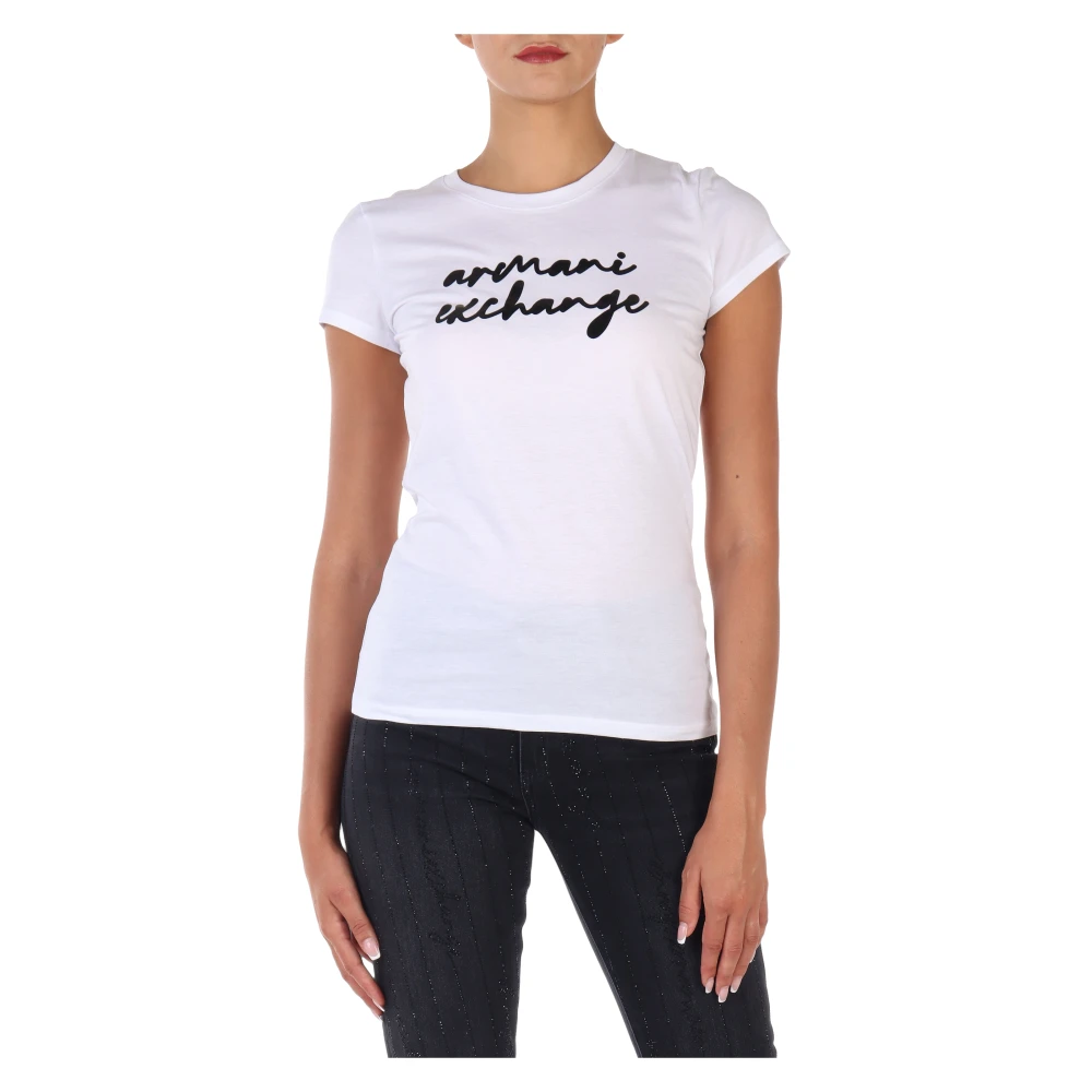 Armani Exchange T-Shirt met Logo Print van Pima Katoen White Dames