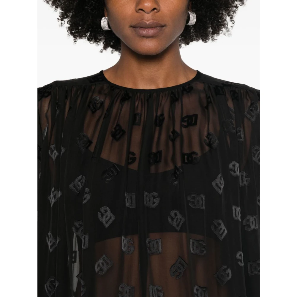 Dolce & Gabbana Jacquard Logo Blouse Zwart Zijde Viscose Black Dames