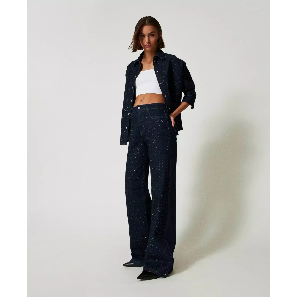 Twinset Wijde Pijp Jeans met Strass Applicatie Blue Dames