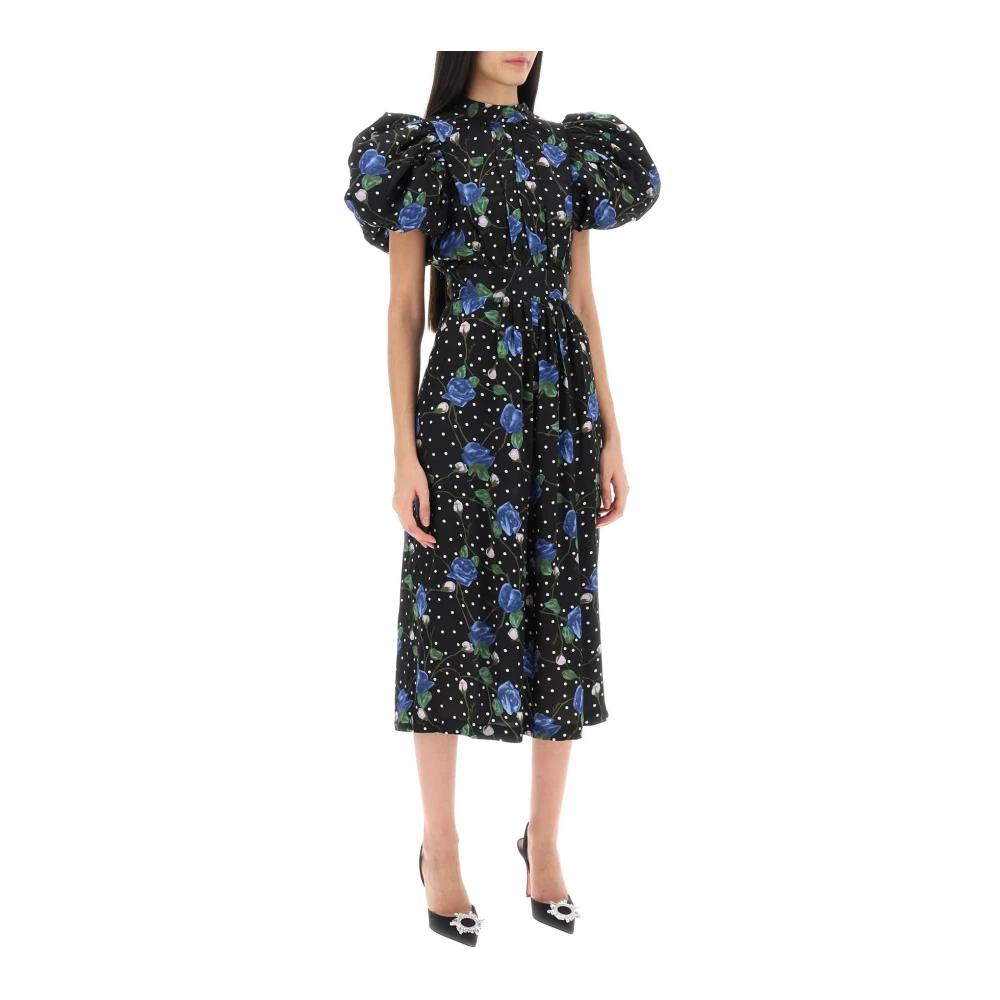 Rotate Birger Christensen Bloemige Polka Dot Midi Jurk met Ballonmouwen Black Dames