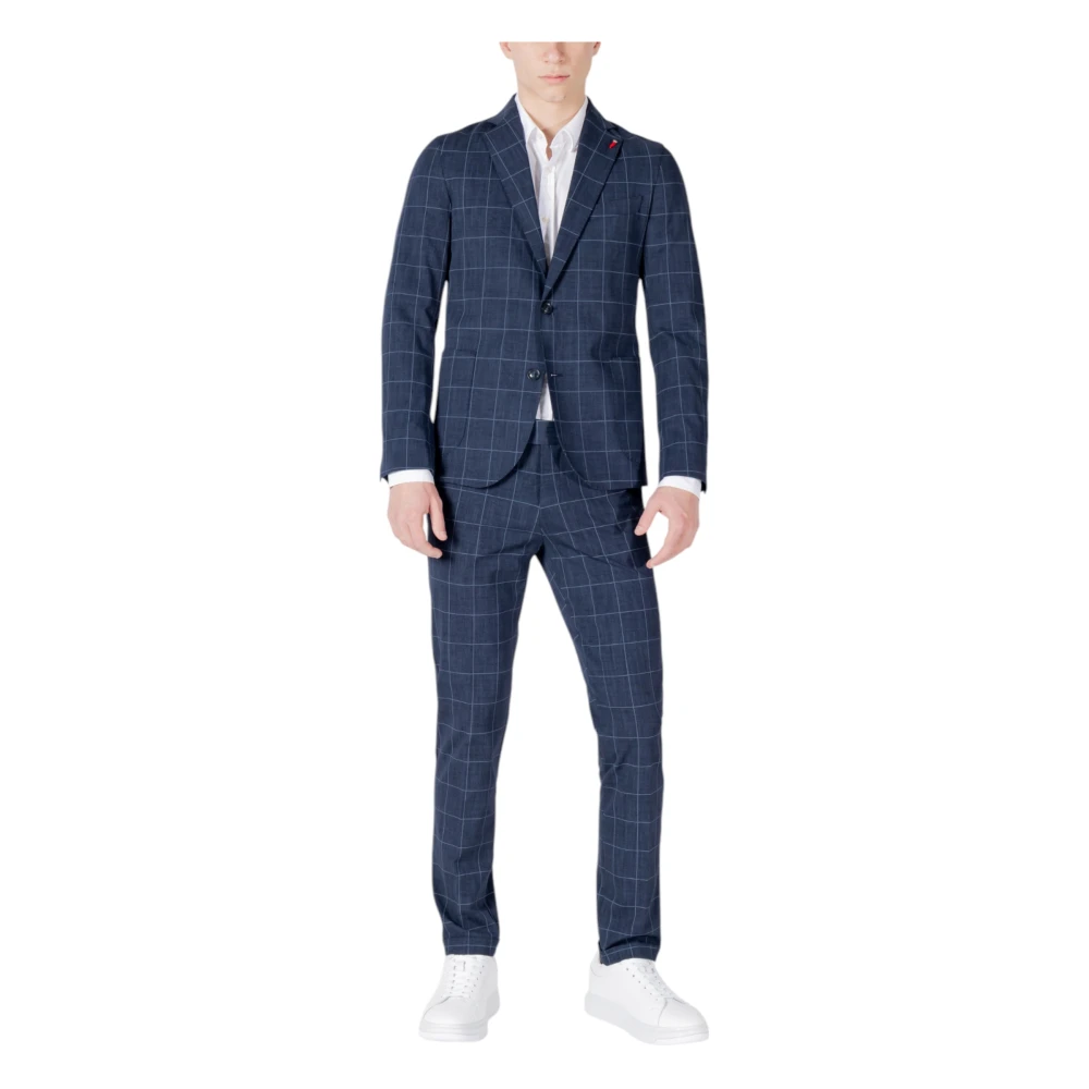 Mulish Men's Blue Single Breasted Suits, Xl, Checked Suit With Lapel Collar
