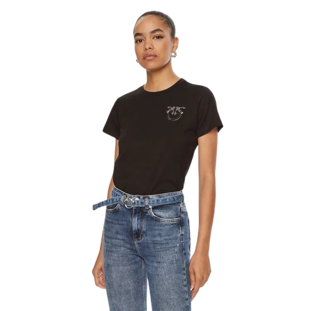 Pinko Love Birds Geborduurd T-shirt met korte mouwen Black Dames