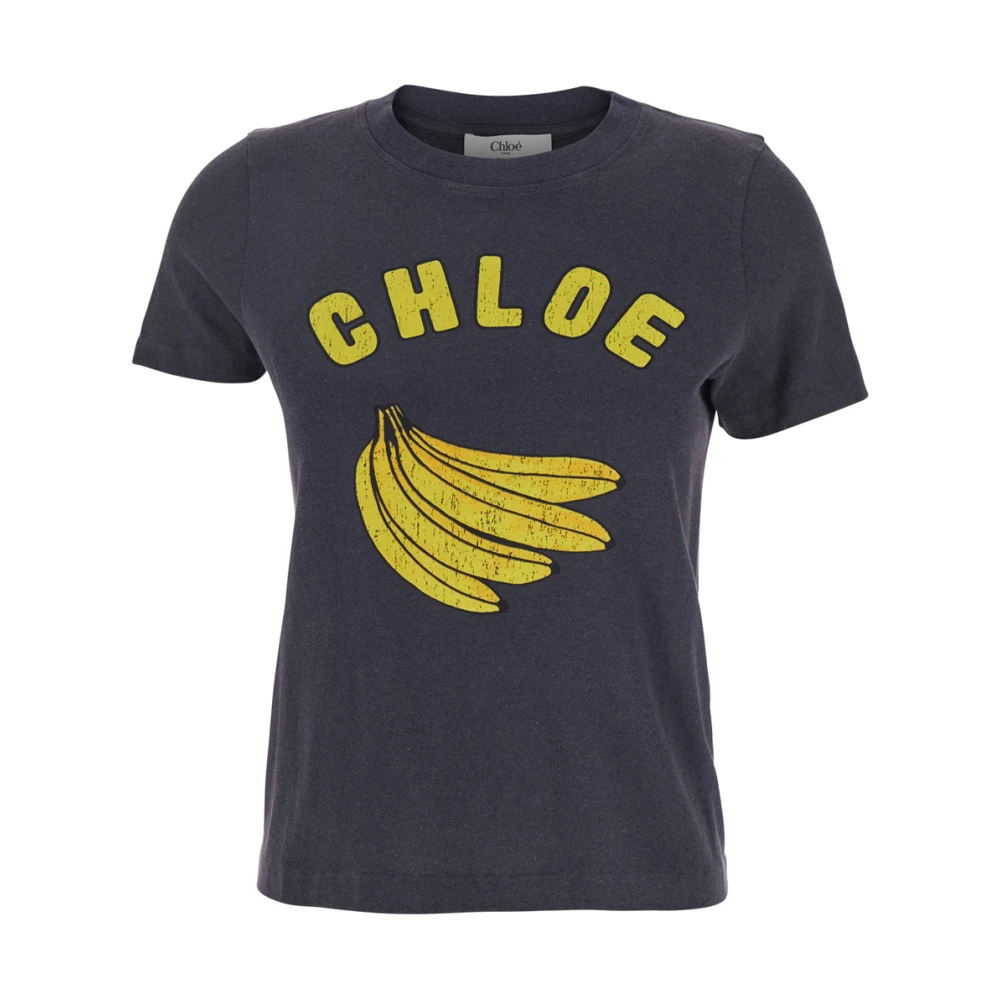 Chloé Blauw Crewneck T-shirt met Logo Print Blue Dames