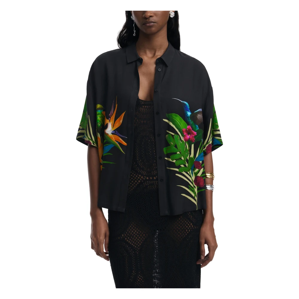 Desigual Women's Black Floral Short-Sleeve Shirt For Large