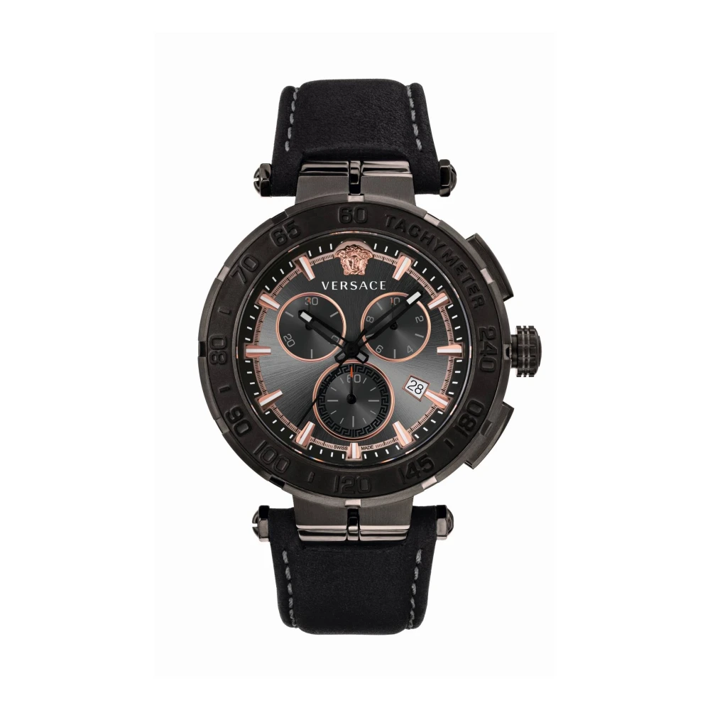 Versace Greca Chrono Svart Läder Chronograph Klocka Black, Herr