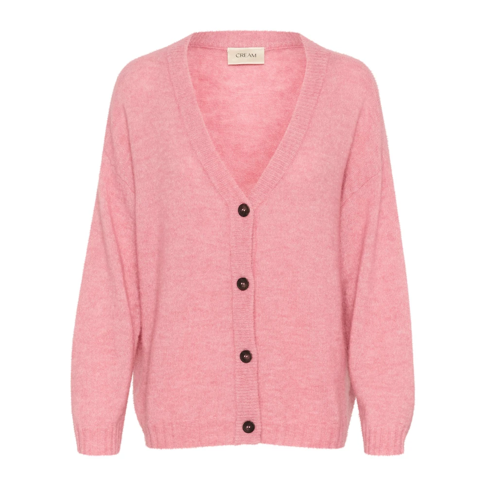 Cream Gebreide Vest met V-Hals en Knopen Pink Dames