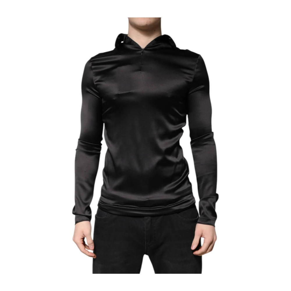 Dolce & Gabbana Hoodies, Male, L, Luxury Silk Turtleneck Pullover Jumper Black