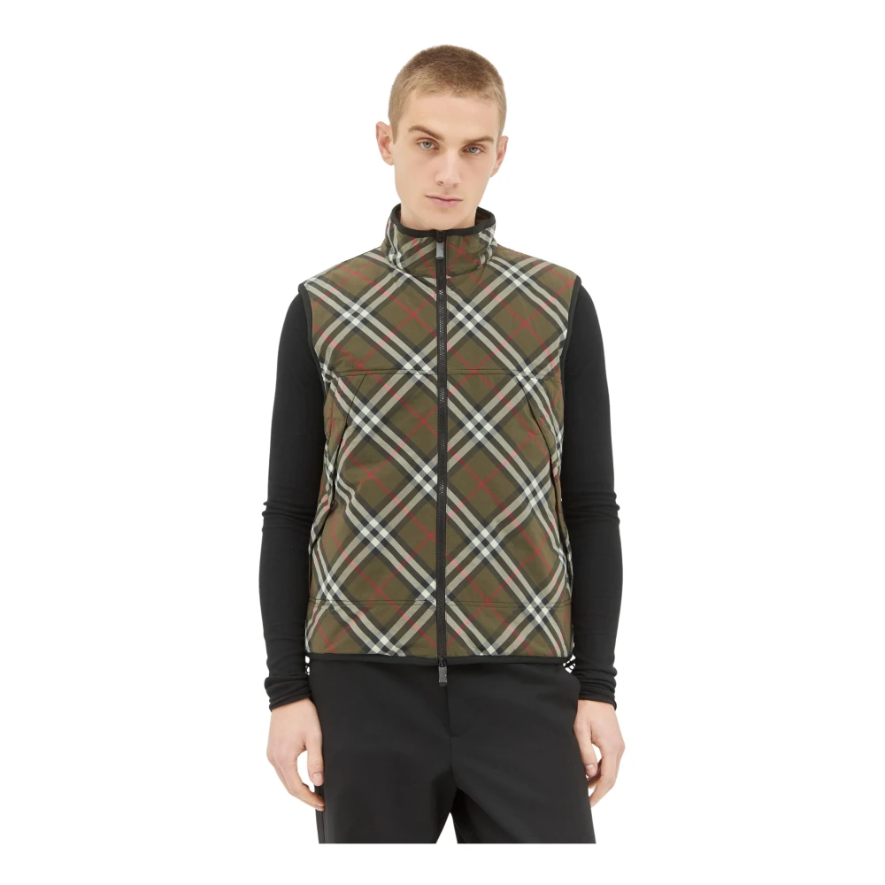 Burberry Men's Green Waistcoats, M, Check Padded Gilet With Oversized Pockets