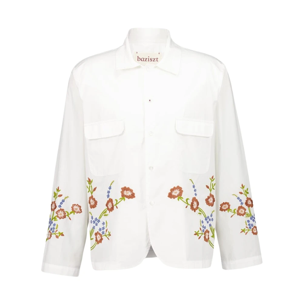 Baziszt Men's White Embroidered Cotton Shirt