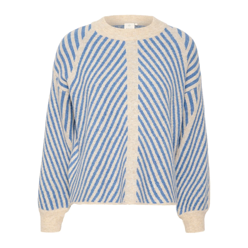 Kaffe Women's Blue Round-Neck Knitwear, S, Striped Knit Pullover Beige/Cornflower