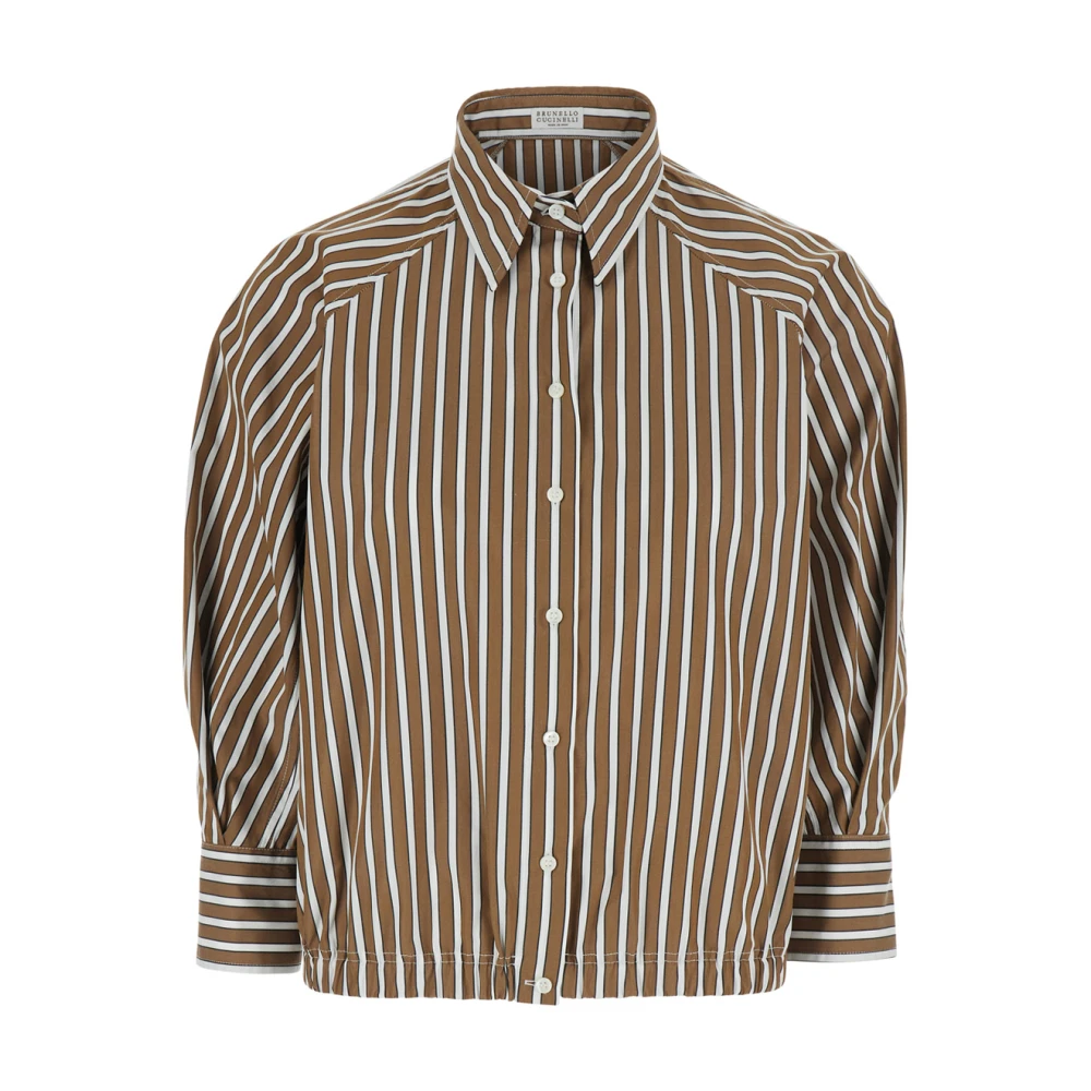 Brunello Cucinelli Women's Brown Classic-Collar Striped Shirt - Shirts - S - Blouses & Shirts