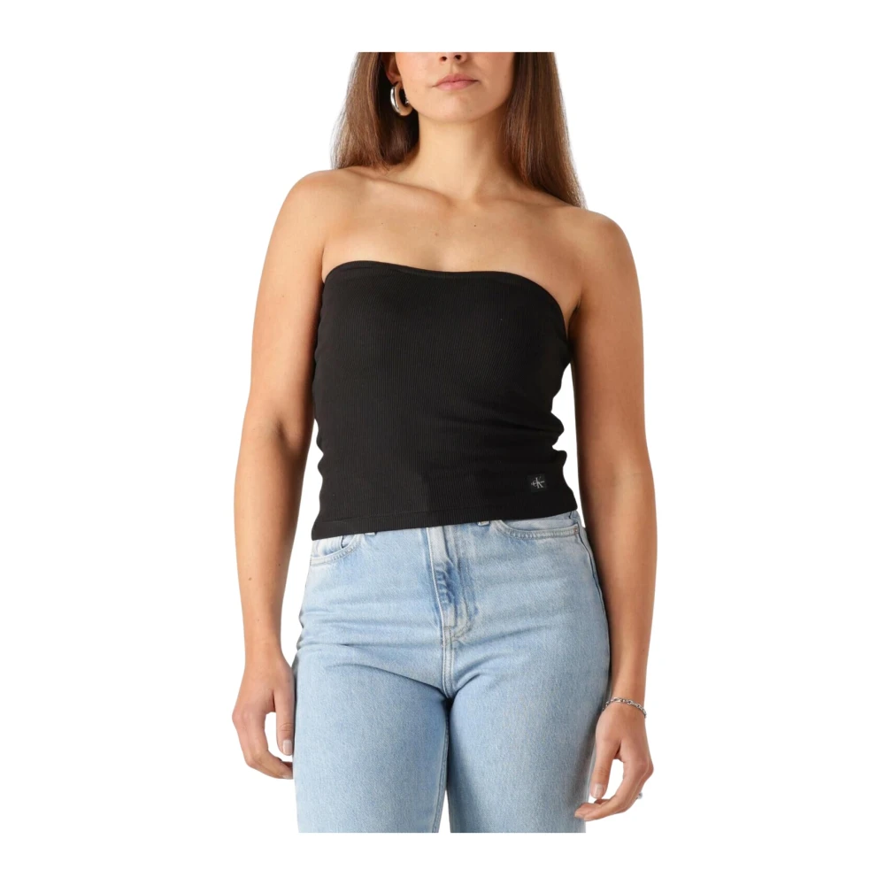 CALVIN KLEIN Dames Tops & T-shirts Woven Label Rib Sleeveless Top Zwart