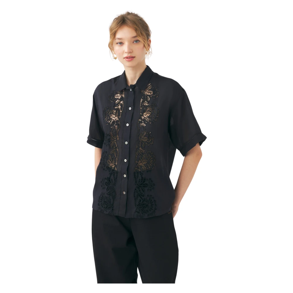Antik batik Open geweven shirt Aloha Black Dames
