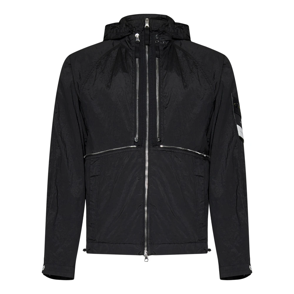 Stone Island Men's Black Light Jackets,, Convertible Hooded Coat Small
