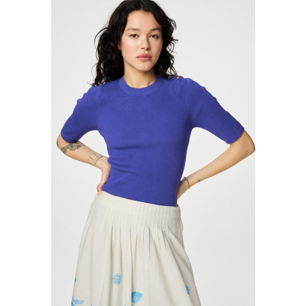 Fabienne Chapot Paarse korte mouw trui met knoopdetails Blue Dames