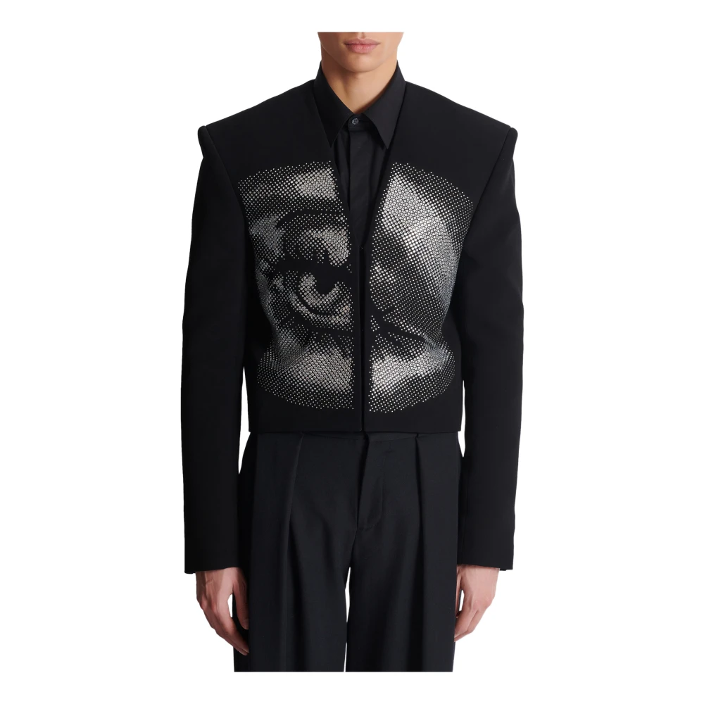 Balmain Geknipte crepe-jas met kristallen in een oogmotief Black Heren