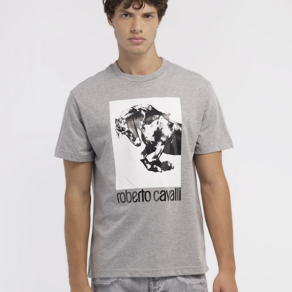 Roberto Cavalli T-shirt met Paardenlogo en Print Ronde Hals Gray Heren