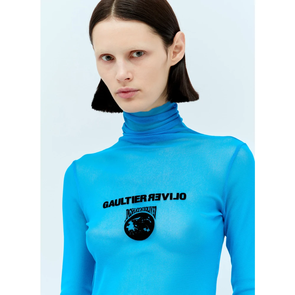 Jean Paul Gaultier Blauwe Aarde Mesh Top Logo Borduurwerk Blue Dames