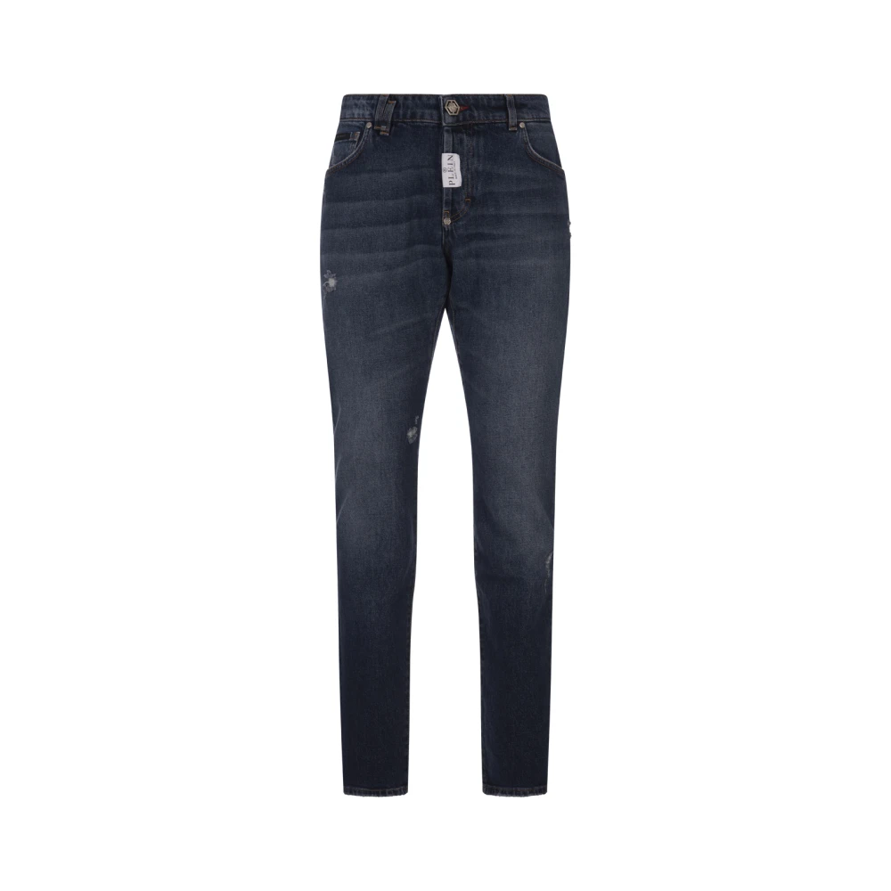 Philipp Plein Blauwe Super Straight Jeans Lage Taille Blue Heren