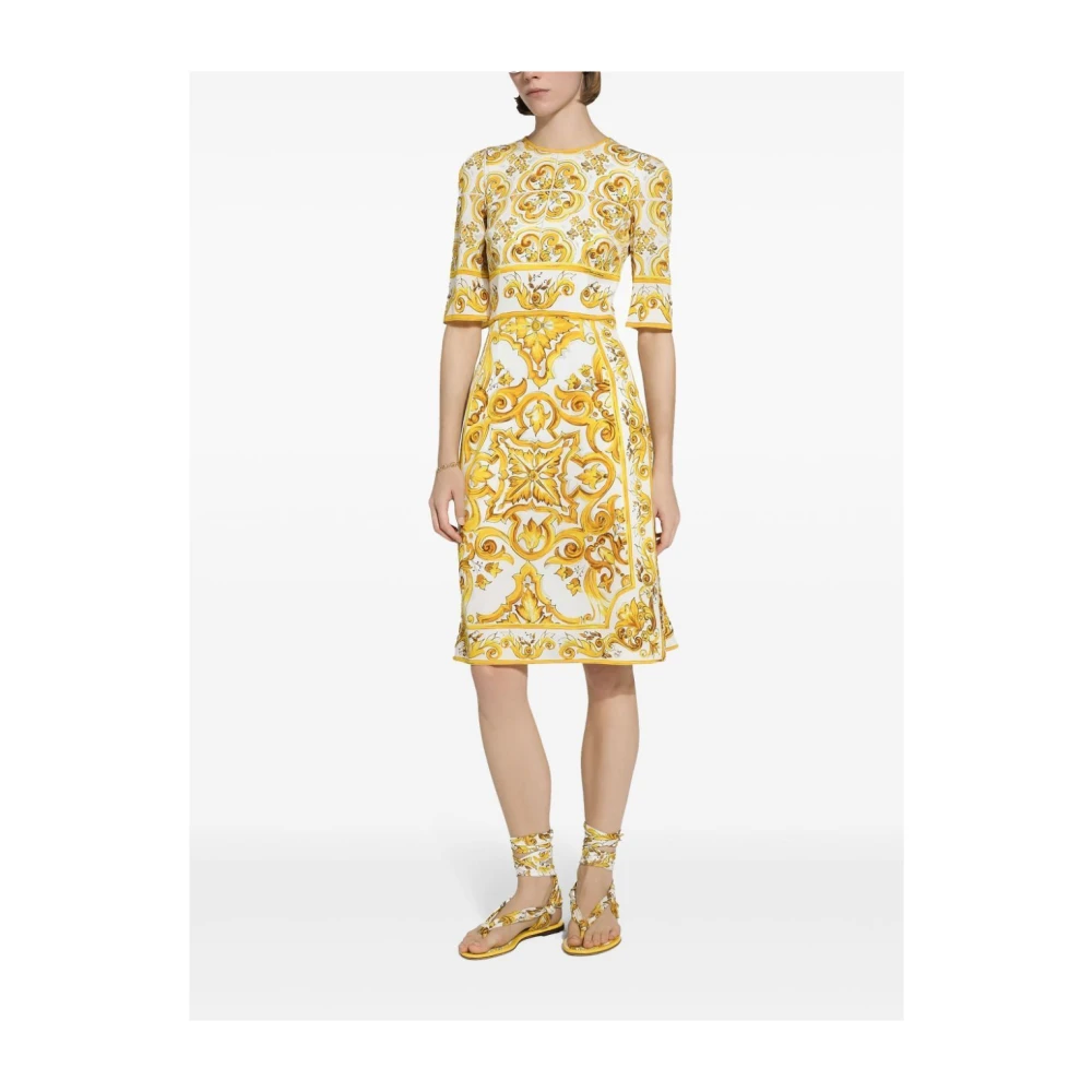Dolce & Gabbana Majolica-print Charmeuse Midi Jurk Yellow Dames
