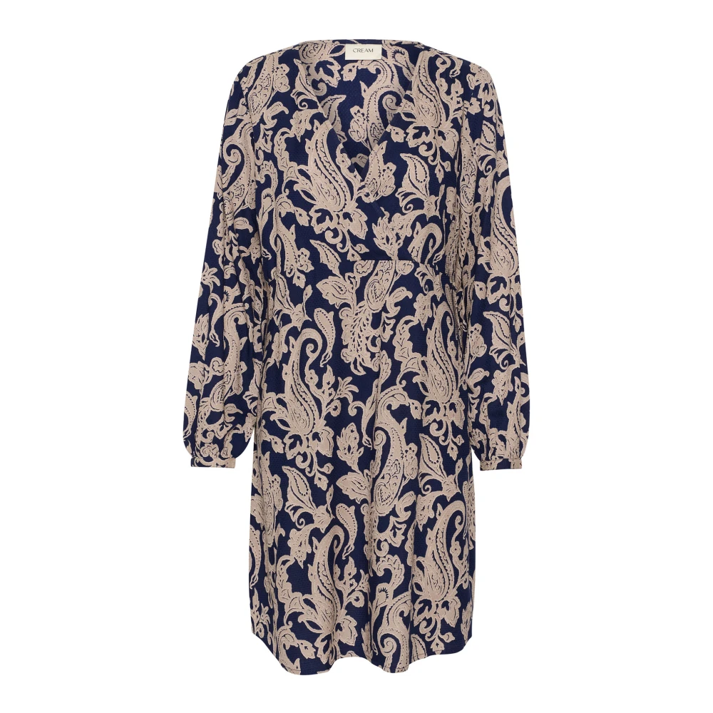 Cream Blauwe Paisley Jurk met V-Hals Blue Dames