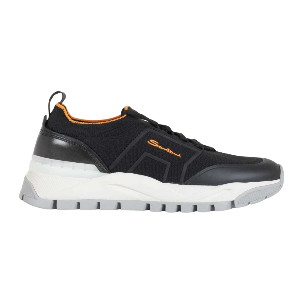 Santoni Stretch Knit en Leren Sneaker Heren Schoenen Zwart