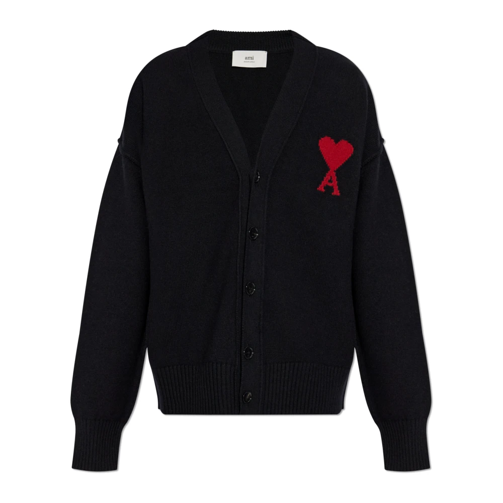 Ami Paris Cardigans, Unisex, Xl, Wool Cardigan With Logo Black