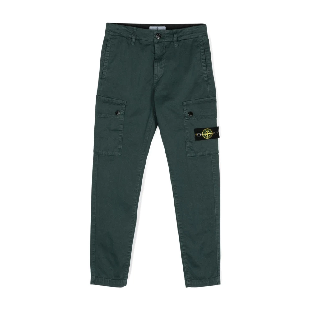 Stone Island Green Trousers, Male, 8 Y, Cargo Trousers With Compass Badge
