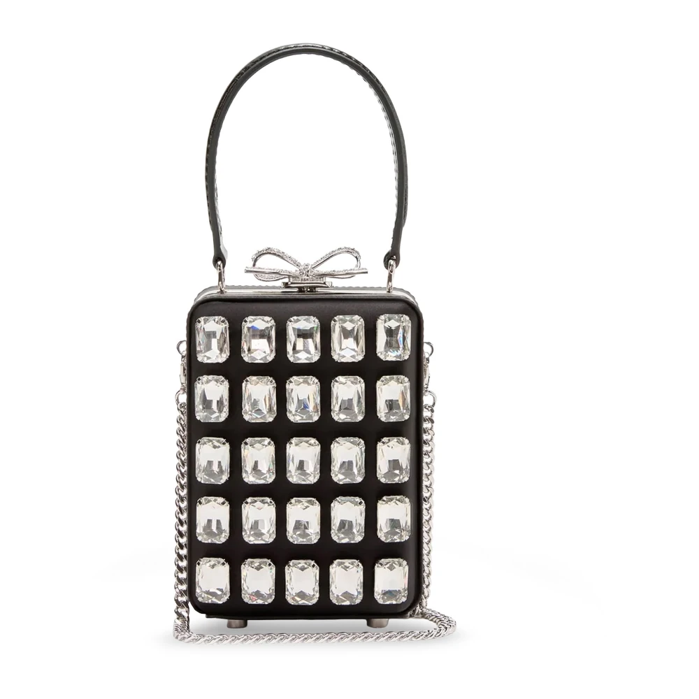 Self Portrait Women's Black Satin Floral Crystal Clutch Bag