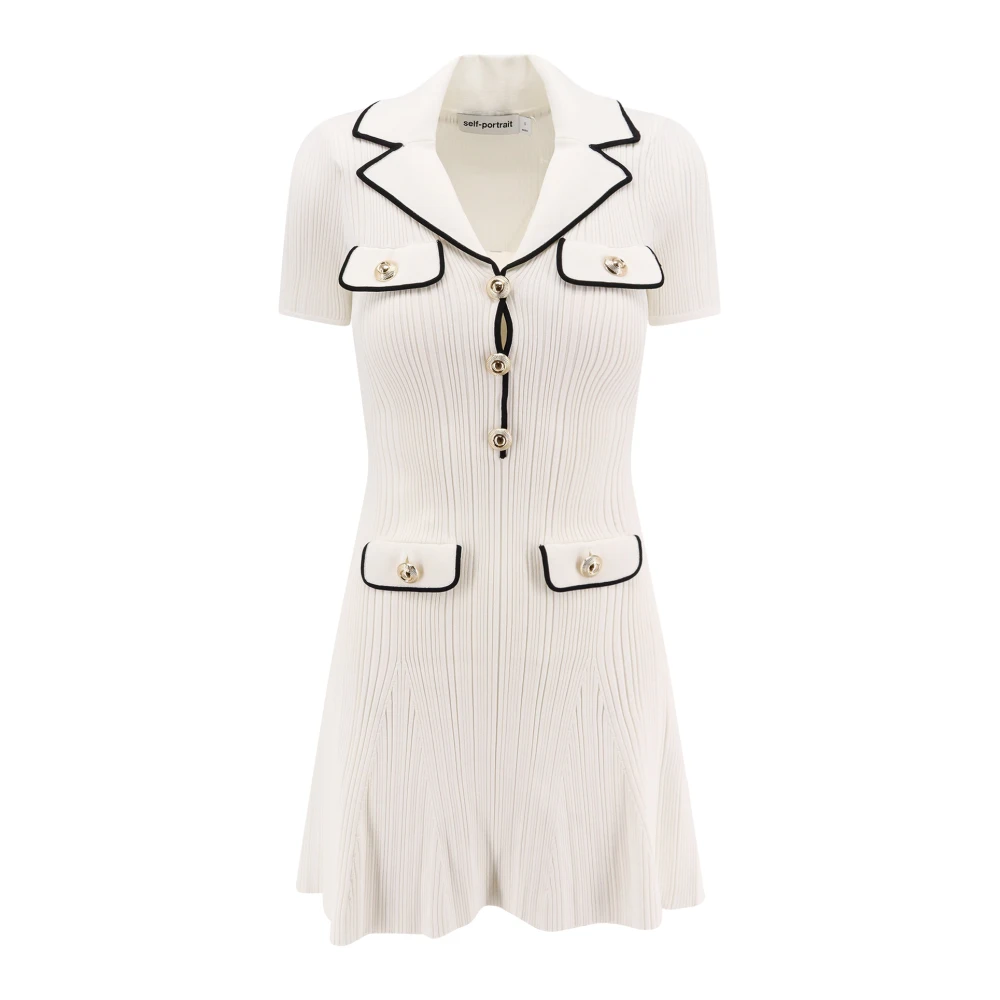 Self Portrait Geribbelde Viscose Mini Jurk met Gouden Metalen Knopen White Dames