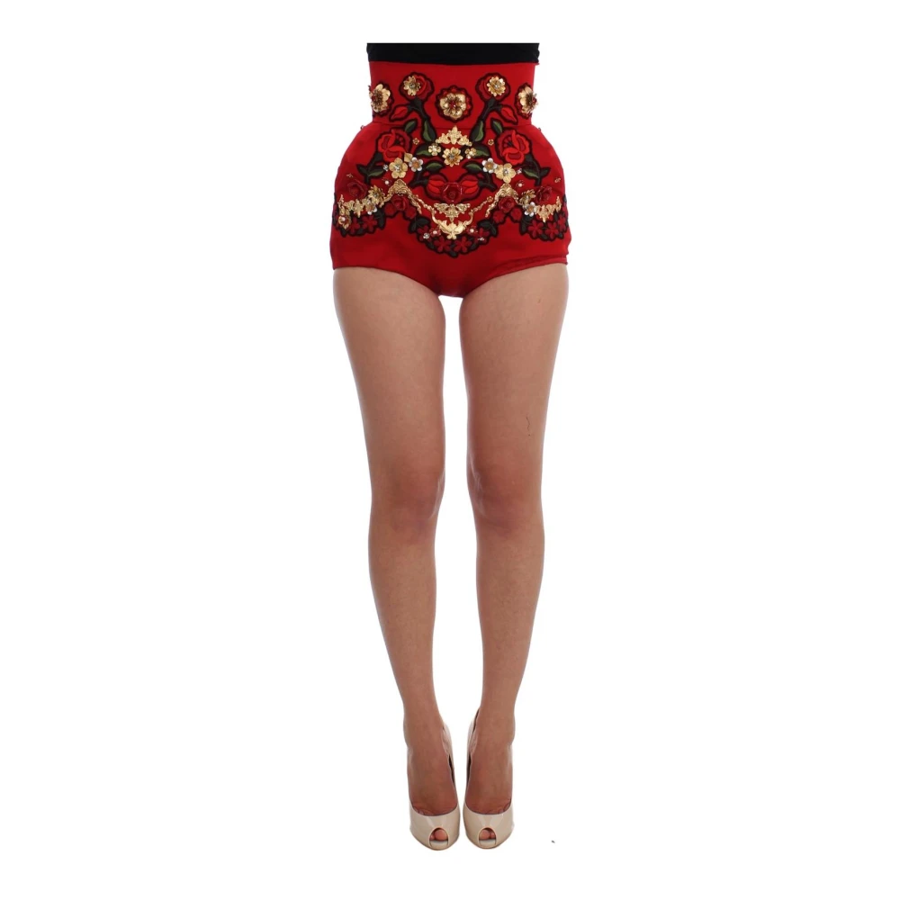 Dolce & Gabbana Women's Red Short Shorts, S, Floral Embroide High Waist Shorts