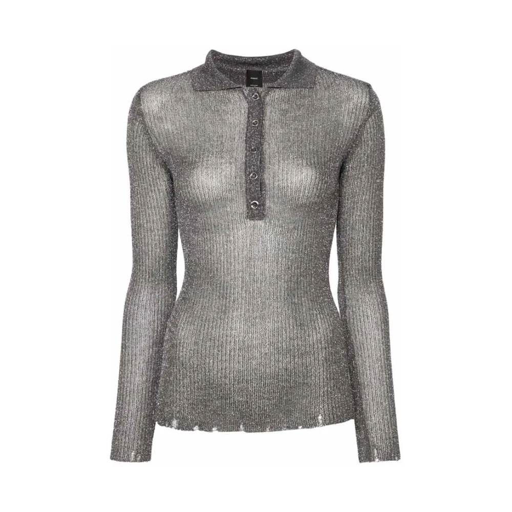 Pinko Grijze Geribbelde Lurex Polo Sweater Gray Dames