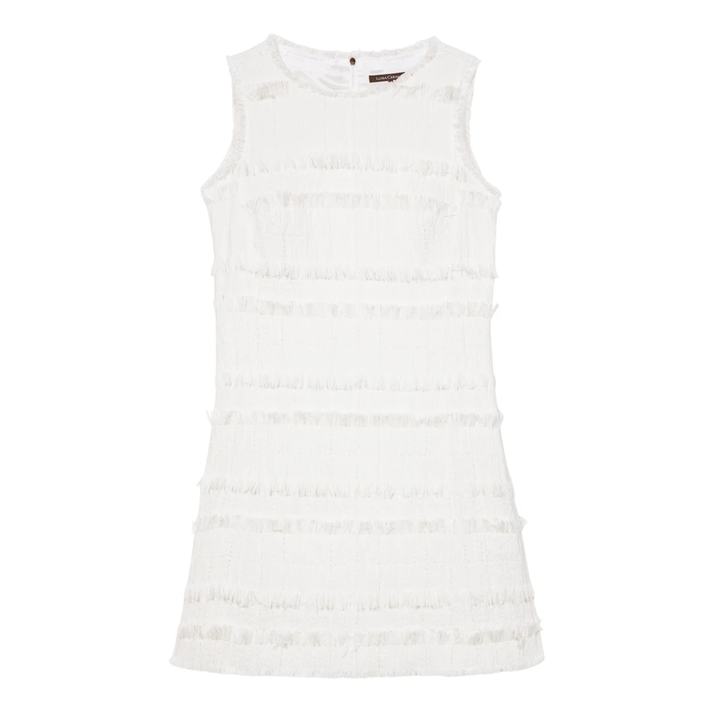 Luisa Cerano Women's White Fancy-Tweed Shift Dress With Fringe