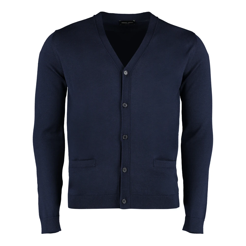 Roberto Collina Merino Wol Vest Ribgebreid Blue Heren