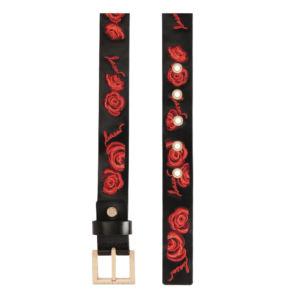 Kazar Zwarte leren riem geborduurd met rode rozen Black Dames