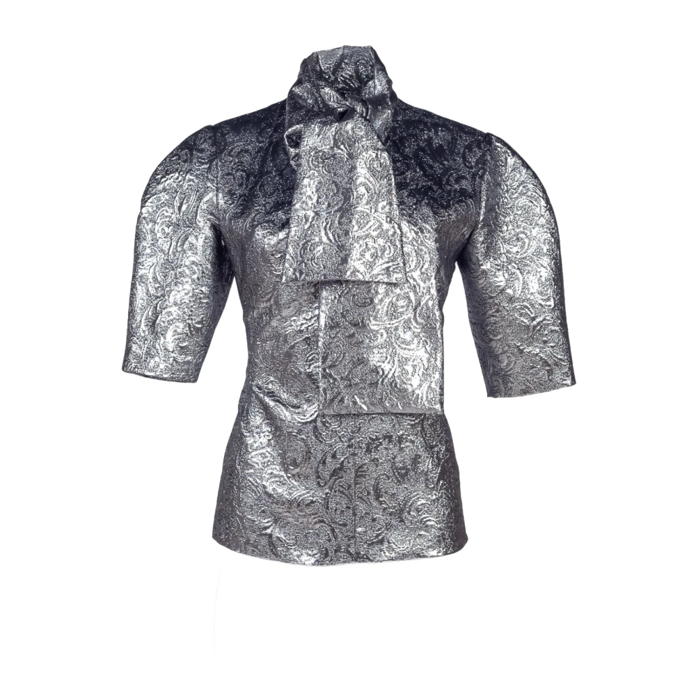 Msgm Metallic Jacquard Strik Hals Blouse Gray Dames