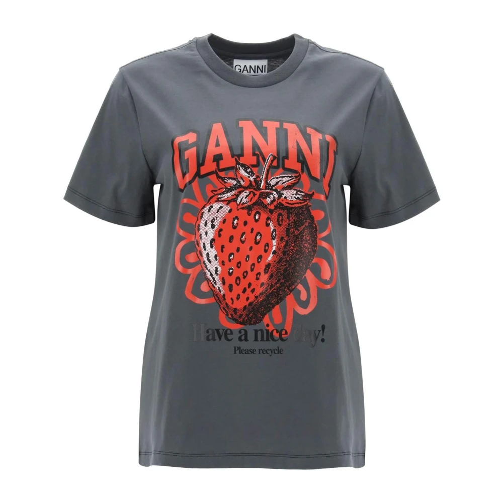 Ganni Zwarte Biologisch Katoenen T-shirt met Logo Print Black Dames
